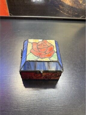 Vintage Stained Glass Rose Jewelry Trinket Box Hinged Lid Blue Red 5x5